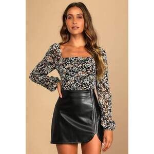 Black Floral Print Ruched Long Sleeve Top